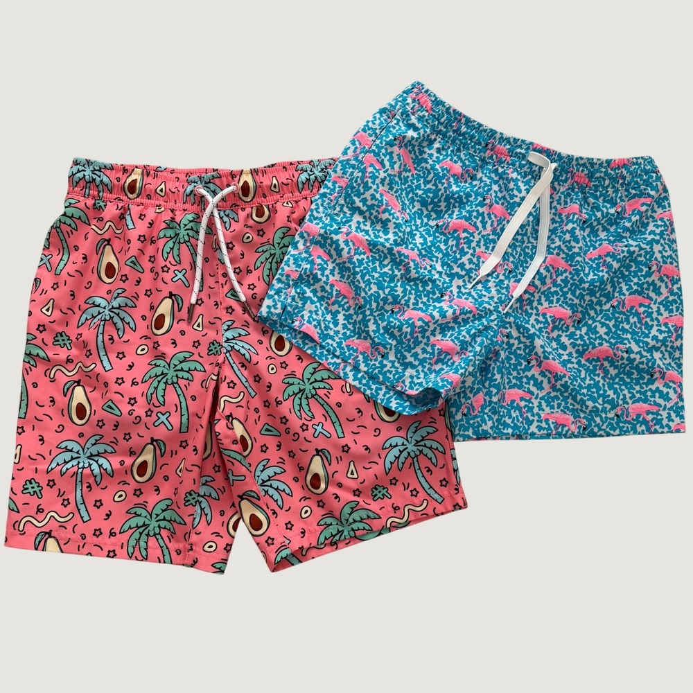 Chubbies Boys Youth Swim Trunks Set of 2 Pink Avocado Blue Flamingo Size M 10/12